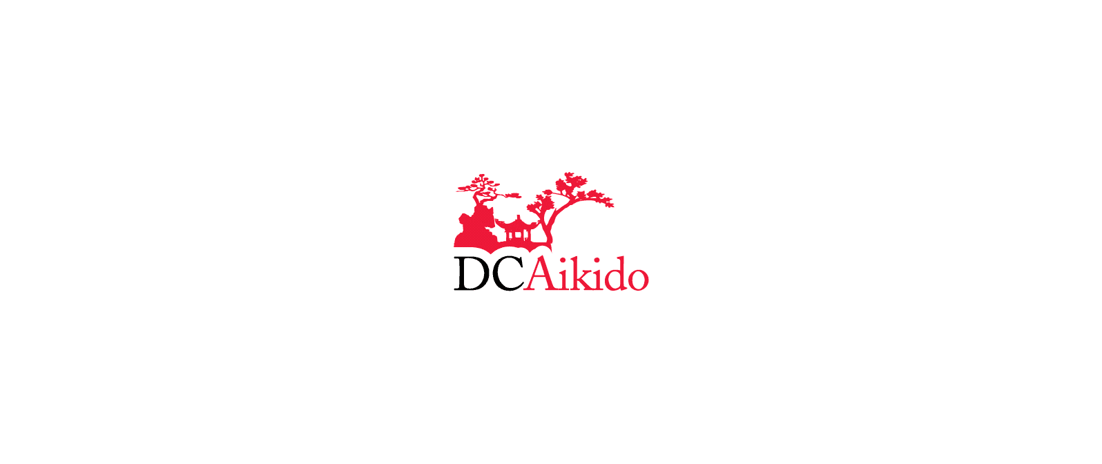 DC Aikido logo featuring a red silhouette of trees and traditional Japanese architecture above the text.