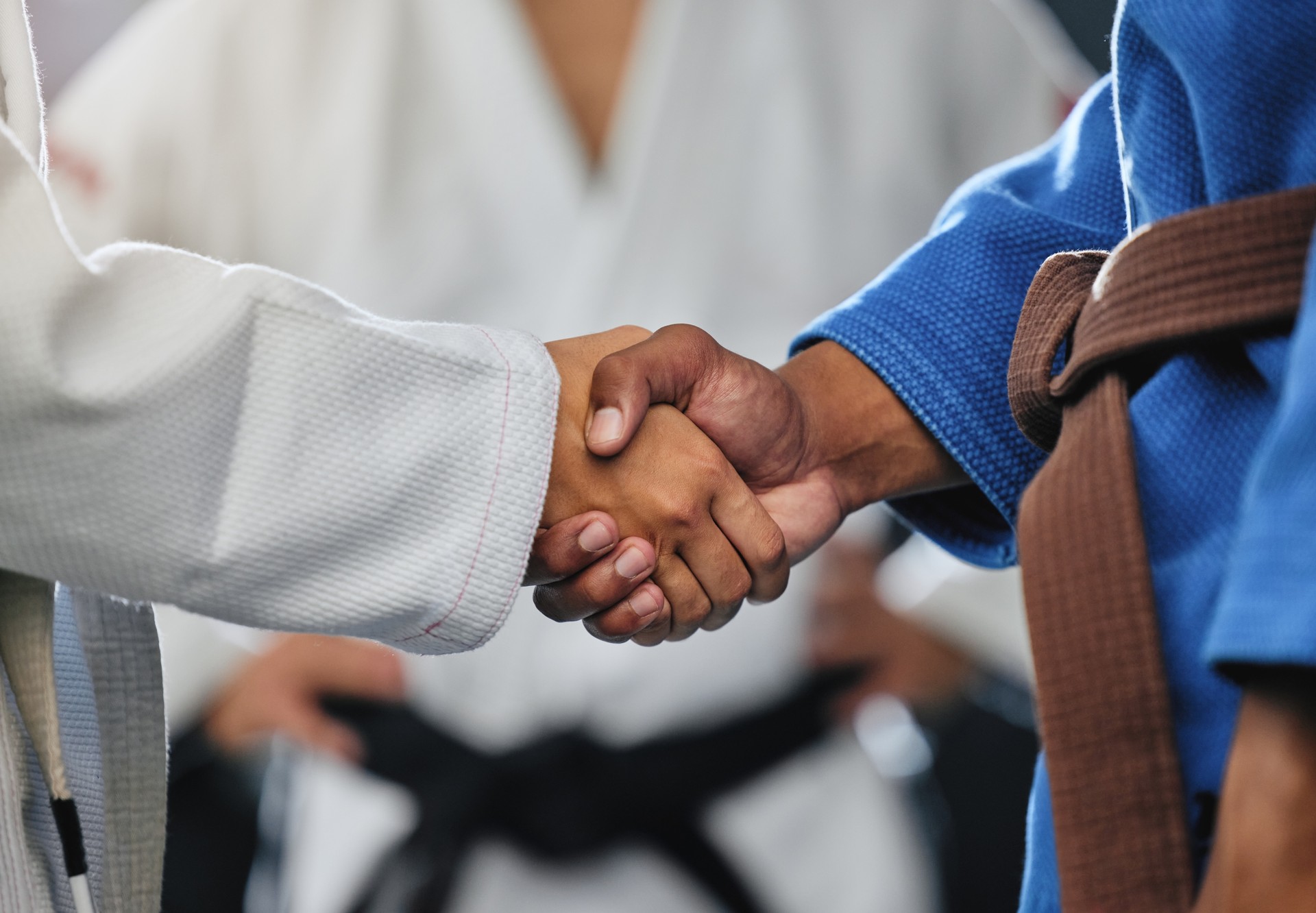 Handshake, respect and discipline with mma, karate and fight students shaking hands before a match or combat sport in a training gym or dojo. Training, exercise and workout in self defense class